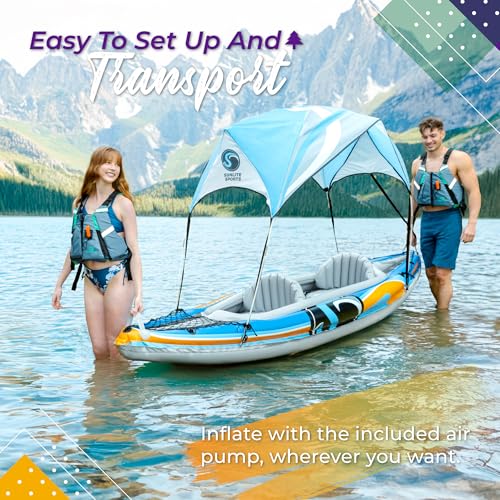 Sunlite Sports 2-Person Inflatable Kayak with Aluminum Oars (136" x 33"), High Output Air Pump and Storage Bag, Double Tan...