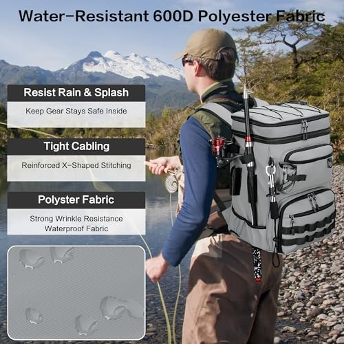 LGAG Fishing Tackle Backpack, Lightweight Waterproof Tackle Box Bag with Rod Holders for Saltwater & Freshwater Fishing, G...