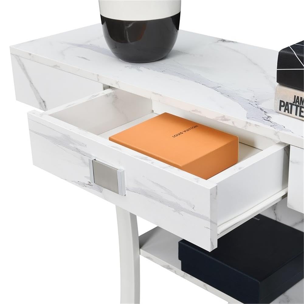 Convenience Concepts Newport Harri Console Table 36" - Modern Sofa Table with Storage Shelves, One Drawer Narrow Entryway Hall Table for Living Room, White Faux Marble/White