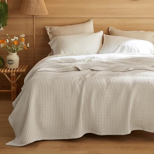 Bedsure 100% Cotton Blanket Queen Size for Spring Summer, Waffle Weave Thin Lightweight Breathable Blanket for Bed, Cotton...