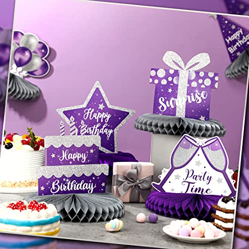 Yexiya 8 Pcs Purple and Silver Birthday Centerpiece Table Decoration, Happy Birthday Honeycomb Centerpieces Honeycomb Tabl...