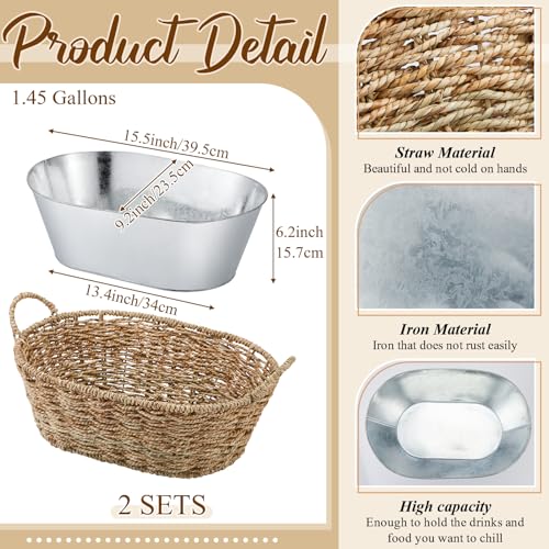 Domensi 2 Pcs Small 3 Gallons Ice Bucket with Wicker Outer Basket Handle Beverage Tub Grass Rope Woven Farmhouse Galvanize...