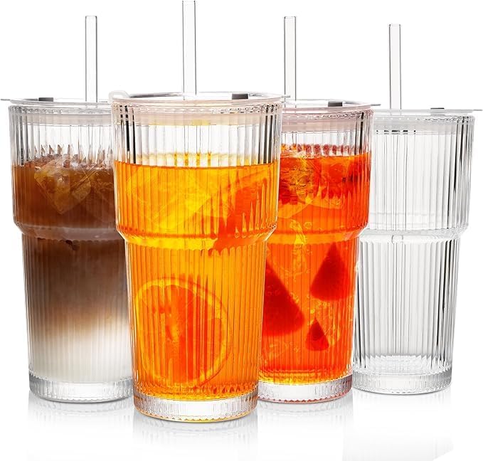 Snextek 20oz Ribbed Glass Tumblers with Lids and Glass Straws -4-Piece Set, Thickened for Iced Coffee, Smoothies,Cocktails...