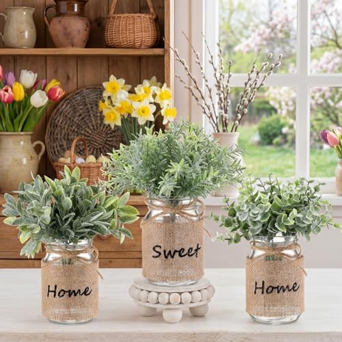 Suncalla 3 Pcs Spring Mason Jar Table Centerpiece Decor Small Fake Plants Farmhouse Rustic Burlap Vases Artificial Eucalyp...