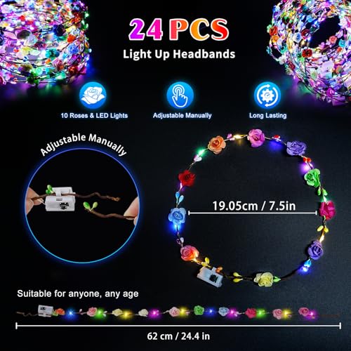 Valentines Day Gifts, 24 PCS LED New Year Flower Crowns Headbands, Light Up Flower Crowns for Women & Girls, Glow in The D...