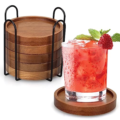 6 Pcs Best Wooden Coasters with Holder Coffee Table Decor Acacia Wood Coaster Set Modern Cup Coaster for Drink Home Dining...