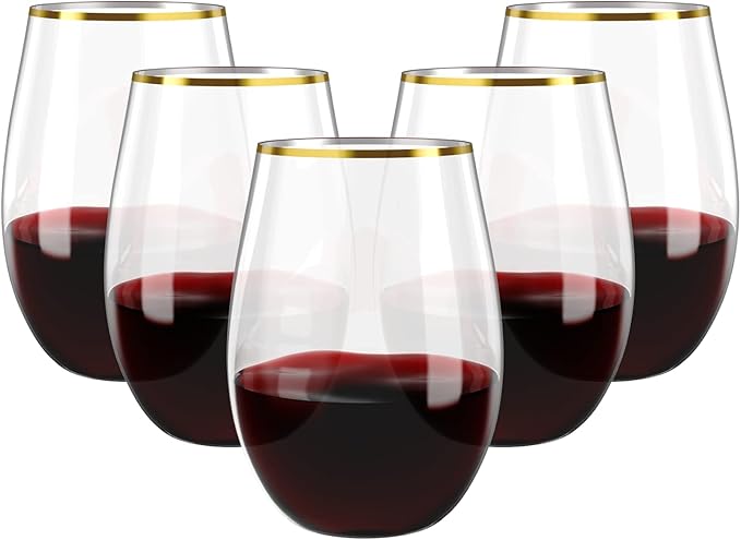 FOCUSLINE 20pcs 16 Oz Plastic Wine Glasses, Stemless Gold Rim, Heavy Duty Disposable Drinking Cups, Reusable Shatterproof ...