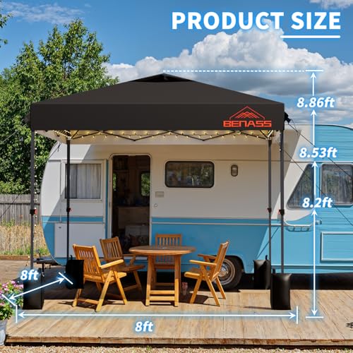 Benass 8x8 Pop Up Canopy, Easy Up Canopy Tent, Heavy Duty Tents for Parties, One Person Set Up Event Tent, Black