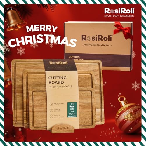 RosiRoli Acacia Wood Cutting Board for Kitchen, Set of 3 - Durable 1" Thick Chopping Boards with Juice Grooves & Handles f...