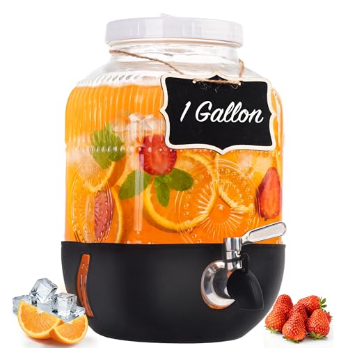 Bandesun 1 Gallon Glass Drink Dispensers For Parties, Leakproof/Crack-resistant Beverage Dispenser with Silicone Protectiv...