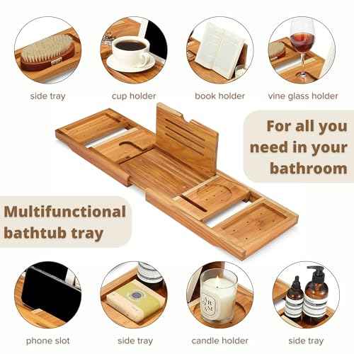 Teak Bathtub Tray, Bathtub Caddy, Expandable Bath Tub Tray Wood, Bath Table Tray&Bathtub Shelf, Luxury Bathtub & Bathroom Accessories and Organizer, House Warming&Wedding Gifts(Large)