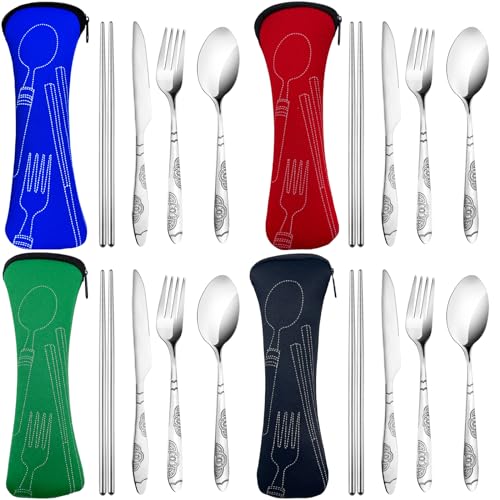 20PCS Premium Travel Utensils With Case, Stainless Steel Reusable Portable Utensils Set With Case, Lengnoyp Travel Silverw...