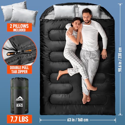 MEREZA Double Sleeping Bag for Adults Mens with Pillow, XL Queen Size Two Person Sleeping Bag for All Season Camping Hikin...