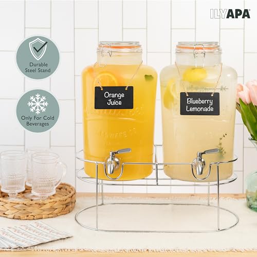 Ilyapa 2 pack 2 Gallon Glass Beverage Dispenser with Stand- Wide Mouth Mason Jar Drink Dispensers with Spigot - Leak Proof...