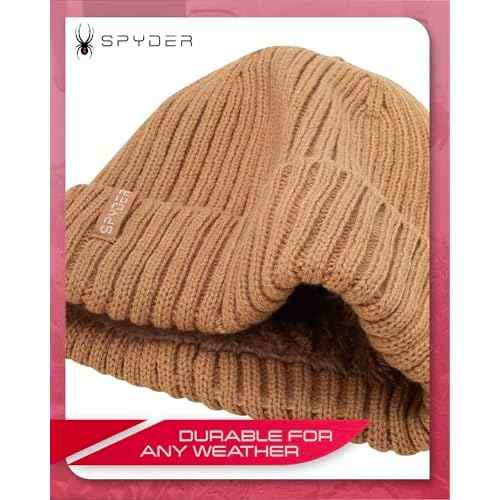 Spyder Women's Beanie - Cozy Plush Sherpa Lined Ribbed Cuff Winter Hat for Women with Embroidered and Woven Logo Patch