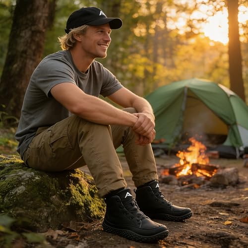 HARENCE Mens Wide Toe Barefoot Boots with Zero Drop Sole for Outdoor Camping Hiking Walking Non-Slip Waterproof
