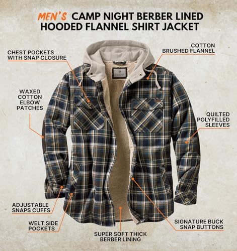 Legendary Whitetails Men's Hooded Shirt Jacket Plaid Flannel Berber Lined Polyfill Insulated