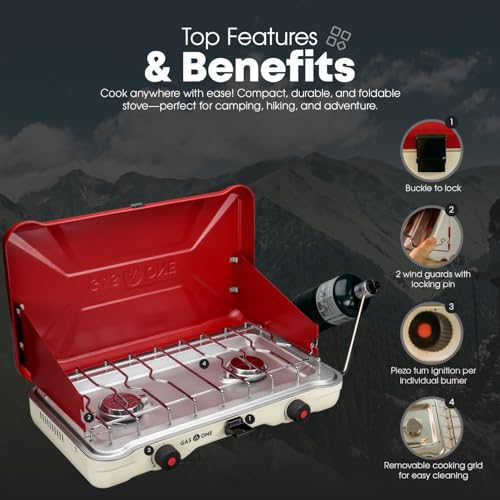 GasOne Portable Camping Stove – Double Propane Stove with Auto Twist Turn Ignition – 22,000 BTU Camping Cooktop with 2 Bur...