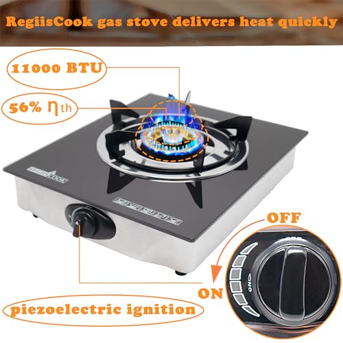 RegiisCook 1 Burner Propane Gas Cooktop,Camping Portable LPG Gas Stove, Auto Ignition Tempered Glass Countertop Regulator ...