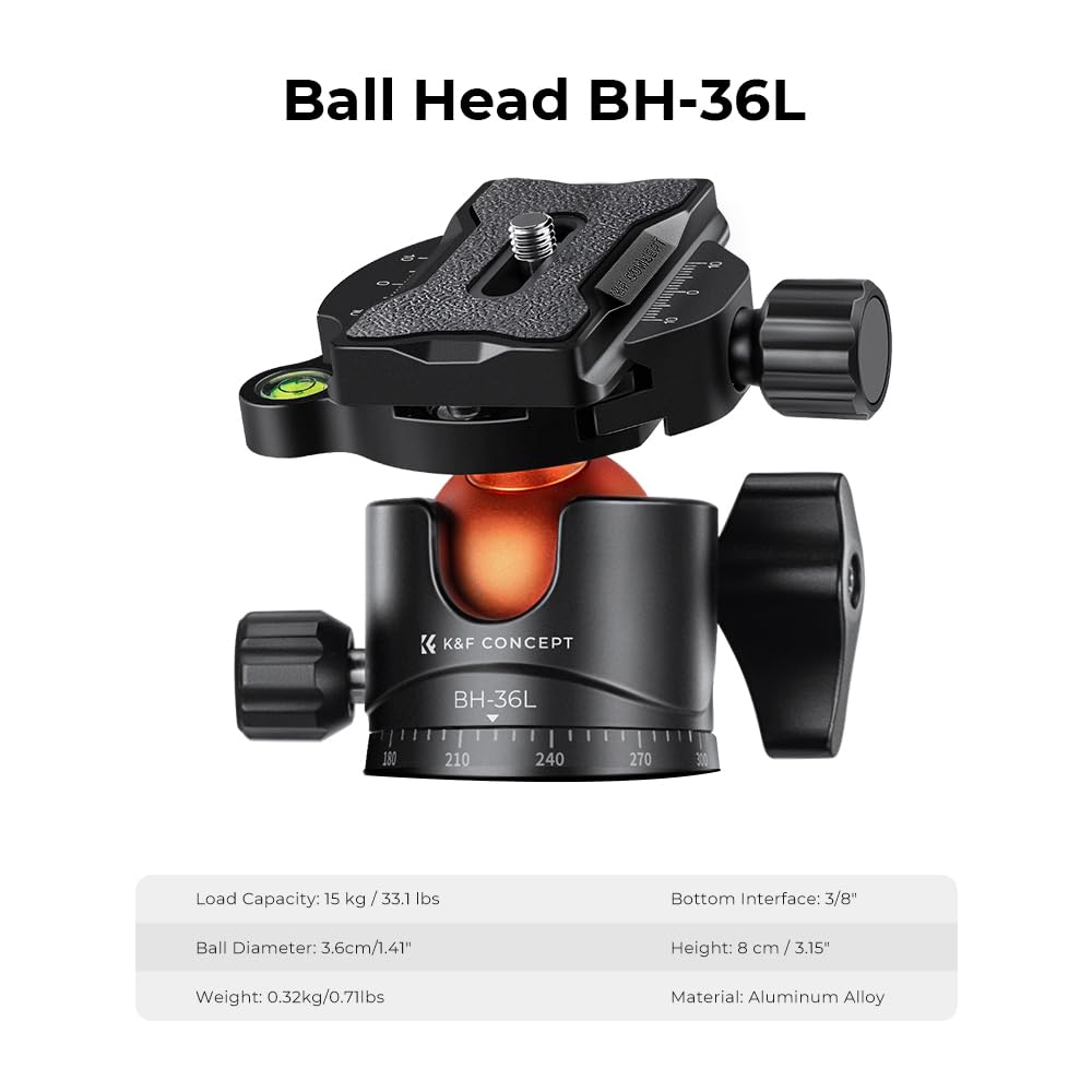 K&F CONCEPT 62" Carbon Fiber Camera Tripod,Portable Compact Tripods with Detachable Monopod,360° Metal Ball Head 15KG/33lbs Load Capacity with Quick Release Plate for Travel and Work A255C2+BH-36L