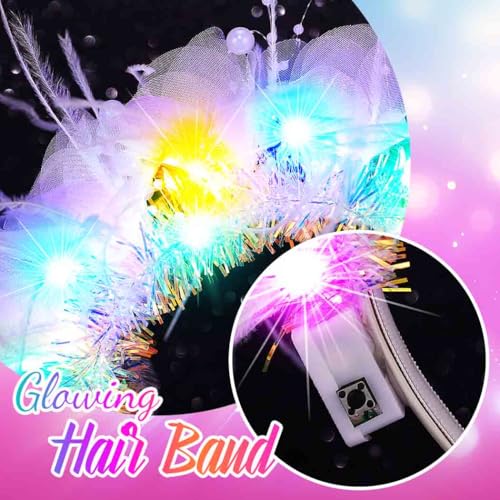 Latious LED Crown Headband White Light Up Feather Headpiece Glow Rave Headbands for Bride and Women (White-Colorful Light)
