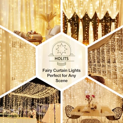 HOLITS 300 LED Fairy Curtain Lights, 9.8 x 9.8FT Warm White USB Plug in 8 Modes Hanging Lights with Remote for Christmas, ...