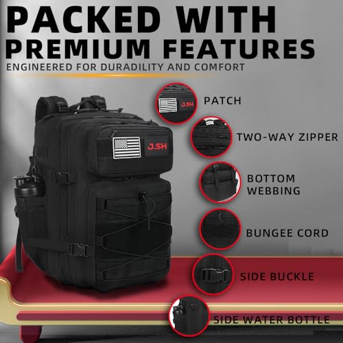 J.SH 45L Military Tactical Backpack Gym Bag Black Assault Bag Hiking Backpack for Men and Women with Bottle Holder - 45L B...