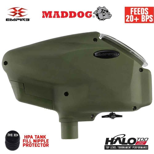 Maddog Empire Halo Too Automatic Electronic Paintball Loader Hopper with HPA Paintball Tank Fill Nipple Protector | Feeds 20+ BPS | Limited Edition Matte Olive | No Speed Feed