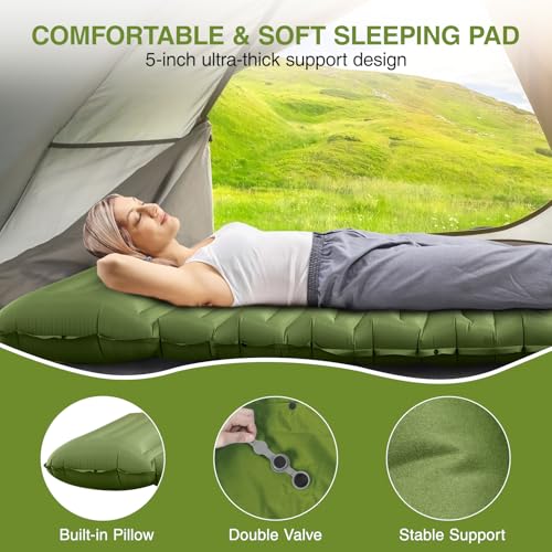 OUTTPLY Sleeping Pad for Camping, 5" Extra-Thick Camping Mat with Pillow Built-in Foot Pump, Ultralight Inflatable Sleepin...