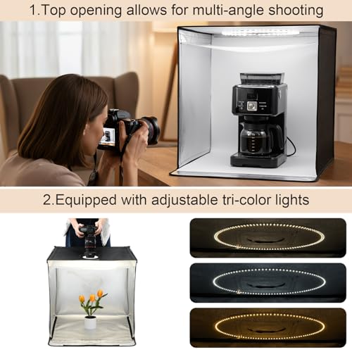 Tellegloww Light Box Photography 24 x 24'' Large Photo Studio Light Box with 224 Adjustable Ring LED Strip, 5 Color Backdr...