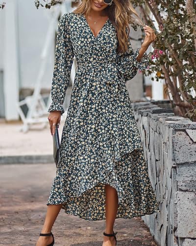 BTFBM Womens Dresses Spring Clothes 2026 V Neck Floral High Waist Ruffle Wedding Guest Cocktail Boho Long Sleeve Dress