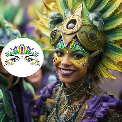Wehhbtye 2 Set Mardi Gras Face Jewels Stickers, Self-Adhesive Mardi Gras Eye Gems Sticker, Glitter Face Crystals Decoratio...
