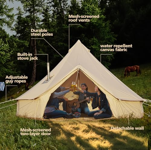 Cotton Canvas Bell Tent, Waterproof Large Tents with Sturdy Center & Door Pole and Space for 4/6/8 Person All 4 Season Cam...