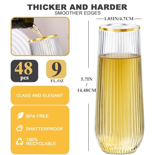 Lueumxc 48 Pack Plastic Ribbed Champagne Flutes, 9 Oz Stemless Disposable Gold Rim Clear Plastic Toasting Glasses Shatterp...