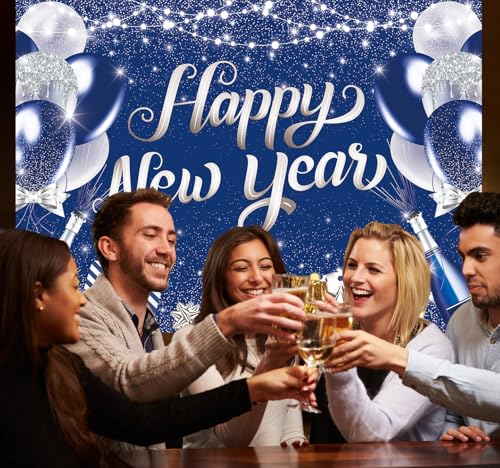 Happy New Year 2026 Backdrop Blue Silver Balloon New Year Photography Background Cheers to 2026 Holiday Party Banner Photo...