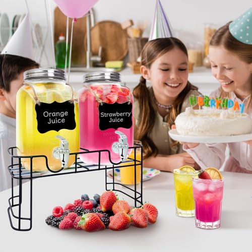 2PCS 1 Gallon Glass Drink Dispensers for Parties, Beverage Dispenser with Stand and Spigot, Used as Lemonade Dispenser Dri...