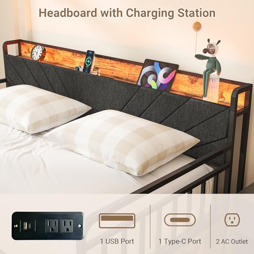 Zevemomo Twin Daybed with 2 Storage Drawers Charging Station LED Lights and Upholstered Headboard, Day Bed with Storage, Metal Bed Frame with Steel Slat Support for Living Room, Bedroom, Black