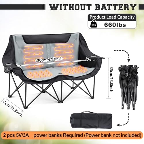 Low Double Heated Double Camping Chair for Adults, Oversized 660lbs Camping Chair with 4 Heating Zones & 3 Heat Levels Fol...