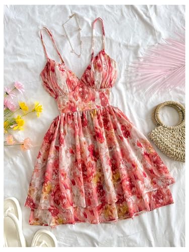 Verdusa Women's Floral Tie Backless Corset Dress Tiered Layered Sleeveless Flowy Dresses Festival Outfits