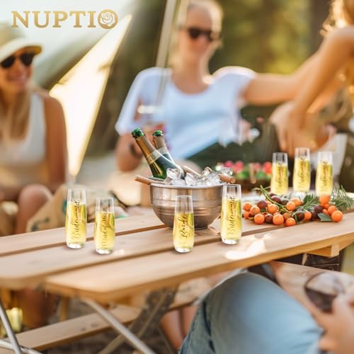 NUPTIO Stemless Champagne Glasses Bridesmaid: Bridal Shower Party Prosecco Flutes Tumbler Wedding Gift Clear Gold Embossed