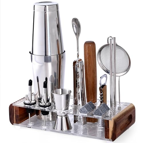 Mixology Bartender Kit with Stand - 15 Piece Bar Tool Set, Silver Bar Set Cocktail Shaker Set for Drink Mixing - Includes ...