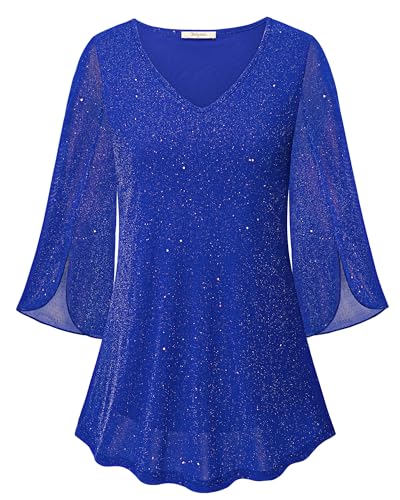 Bebonnie Womens Ruffle 3/4 Sleeve V Neck Double Layers Mesh Blouses Loose Fit Flowy Tunic Tops