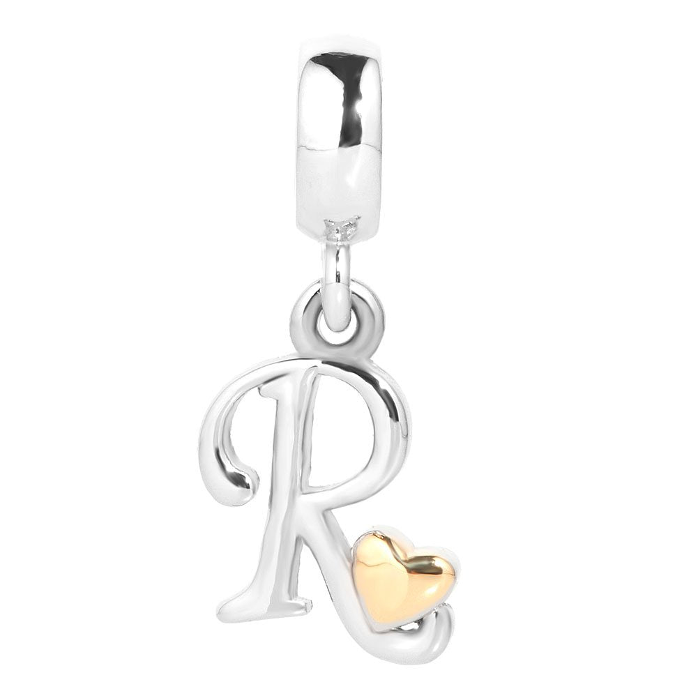 QueenCharms Initial A-Z Letter Charm Golden Heart Alphabet Dangle Beads For Bracelets & Necklaces (R)