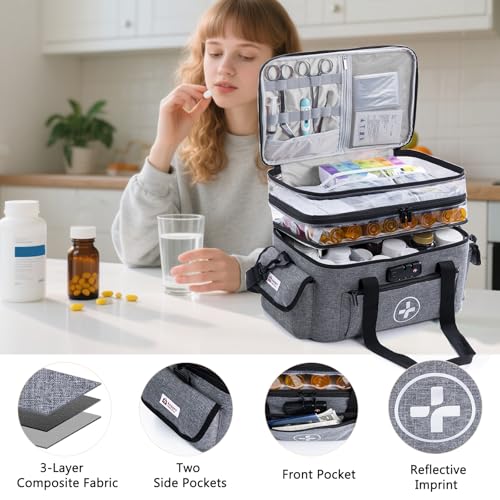 BAGSFY 3-Tier Medicine Organizer with Combination Lock – Large Medicine Bag, Empty First Aid Kit Case, Pill Bottle Medical...