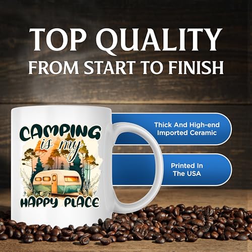 Bliss Monkey Co. Camping is My Happy Place Coffee Mug - Adventure Camper Mug - Outdoor Enthusiast 11 Ounce Coffee Cup - Pr...