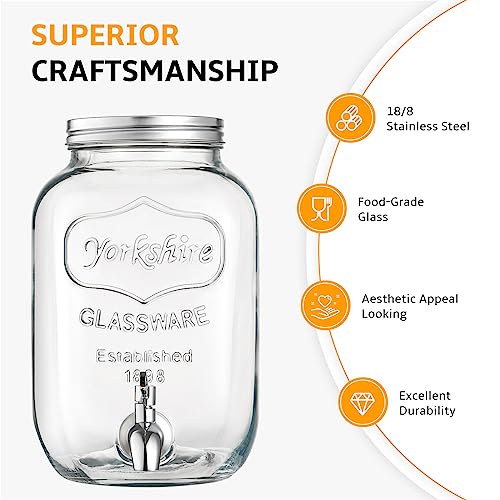 2 Gallon Glass Beverage Dispenser with Stand and Lid, 18/8 Stainless Steel Spigot - Glass Drink Dispensers for Parties - M...
