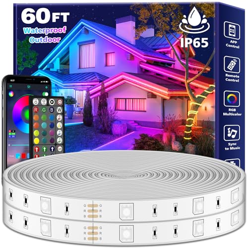 FBZ 60Ft Outdoor Waterproof LED Strip Lights,Music Sync RGB IP65 Led Lights with App Control and Remote,Color Changing Wat...