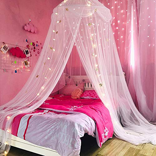 Nattey Bed Canopy with Lights for Girls,Gold Star Princess Crib Canopy Curtains,Extra Large Dome Mosquito Net Reading Nook...