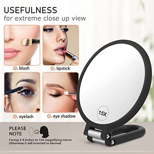 CLSEVXY Magnifying Handheld Mirror Double Sided, 1X 15X Magnification Hand Mirrors, Travel Folding Hand Held Mirror, 360°R...