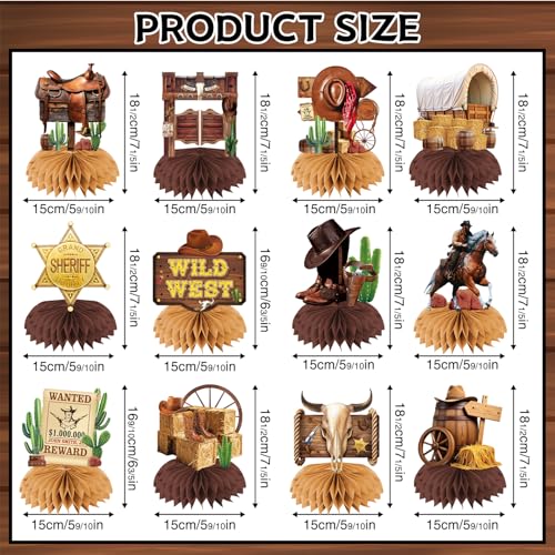 Cowboy Decorations Honeycomb Centepieces, 12Pcs Western Centerpieces for Tables,Wild West Cowboy Centerpieces for Tables, ...